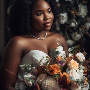 A bride in a white strapless gown holds a colorful bouquet of flowers, standing against a backdrop of white roses. She wears a pearl necklace and has a serene expression, as though she's just received the perfect gift